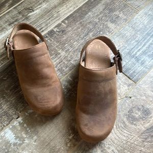 Brown suede clogs